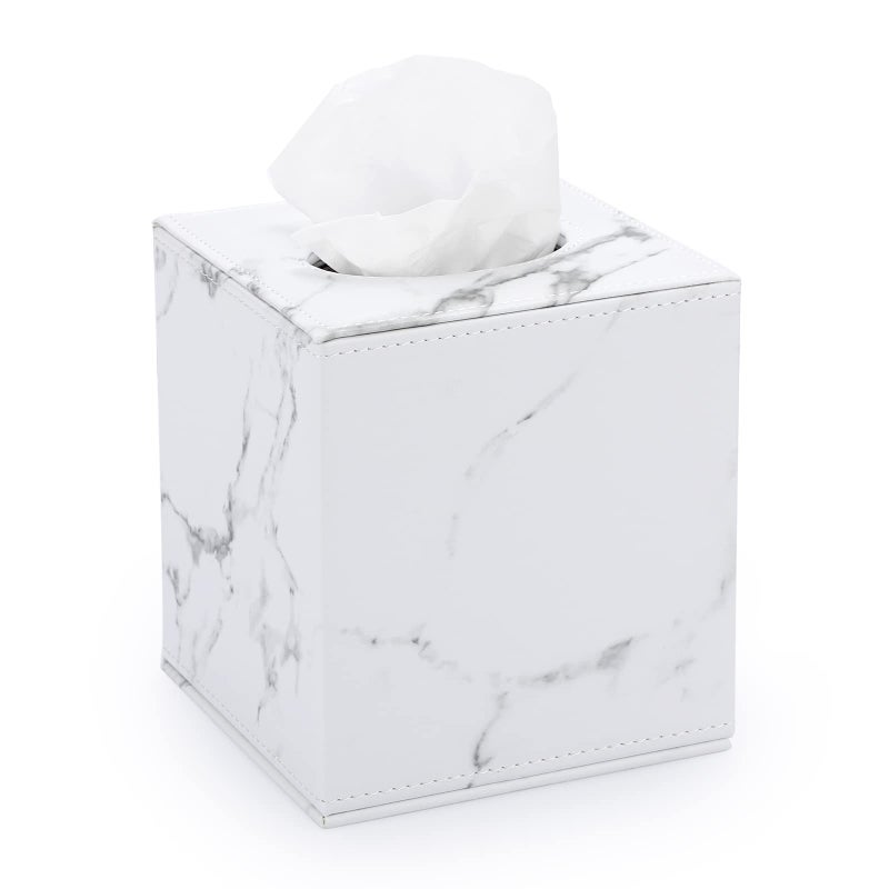 Sumnacon Square Leather Tissue Box Cover - Stylish Cube Tissue Box Holder with Magnetic Bottom, Decorative PU Tissue Box for Vanity Dresser Night Stand Table Countertop Home Office Car, Marble White - Image 1